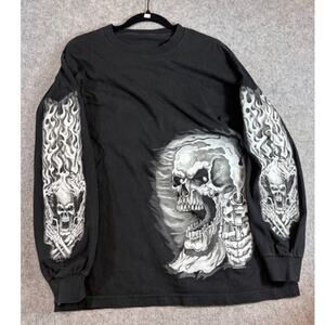 VTG Y2K Hot Leathers Assassin Skull Flame Sleeve Biker Shirt Mens L Biker Grunge